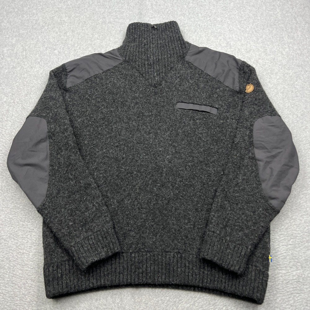Fjallraven Koster Sweater Men XXL Grey 100% Wool Knit 1/4 Zip G-1000 Elbow Patch